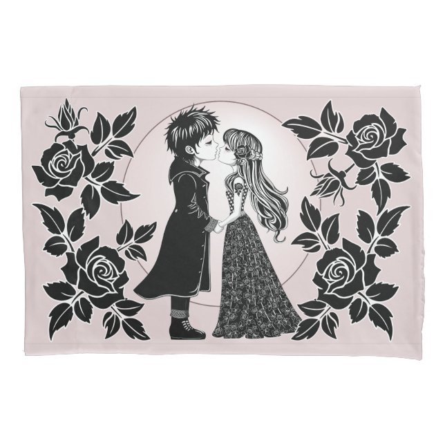 Cute Gothic Emo Kids Kiss Valentine's Day  Pillowcase (Front)