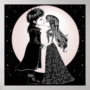 Cute Gothic Emo Kids Kiss Valentine's Day  Poster