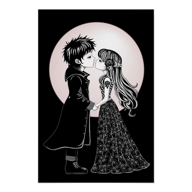 Cute Gothic Emo Kids Kiss Valentine's Day  Poster (Front)