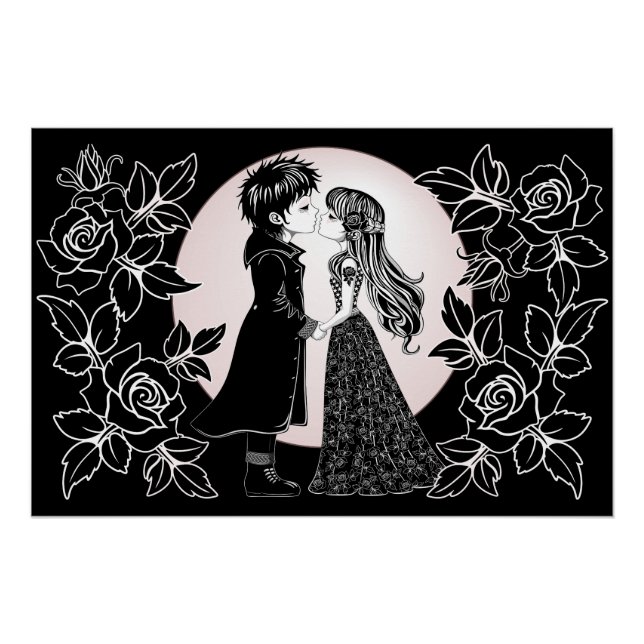 Cute Gothic Emo Kids Kiss Valentine's Day  Poster (Front)
