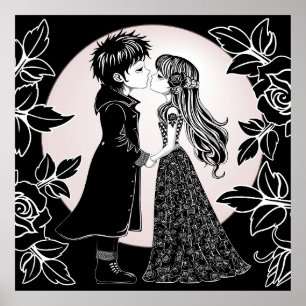 Cute Gothic Emo Kids Kiss Valentine's Day  Poster