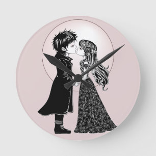 Cute Gothic Emo Kids Kiss Valentine's Day  Round Clock