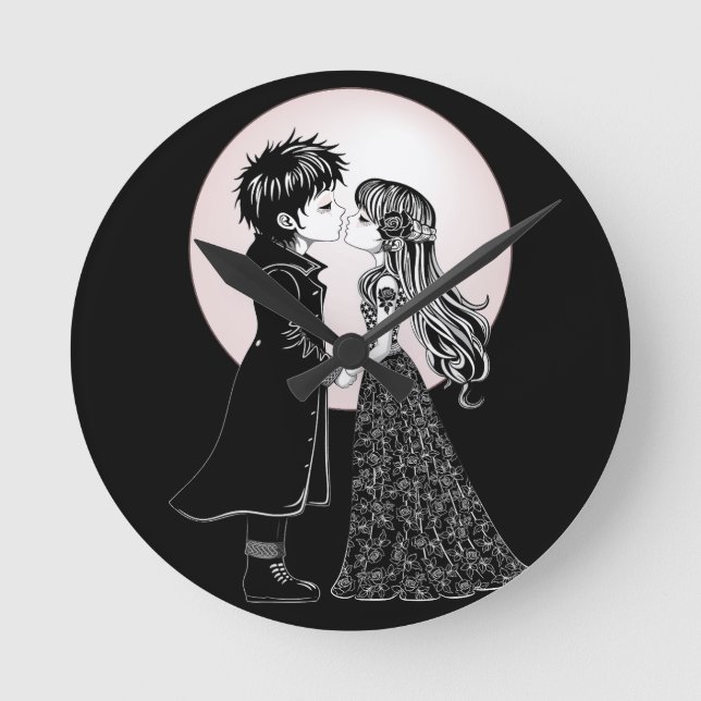 Cute Gothic Emo Kids Kiss Valentine's Day  Round Clock (Front)