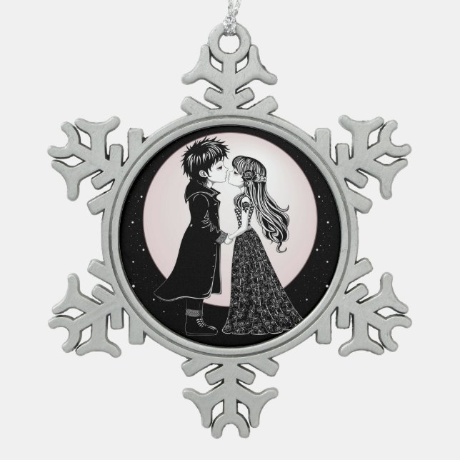 Cute Gothic Emo Kids Kiss Valentine's Day  Snowflake Pewter Christmas Ornament (Front)