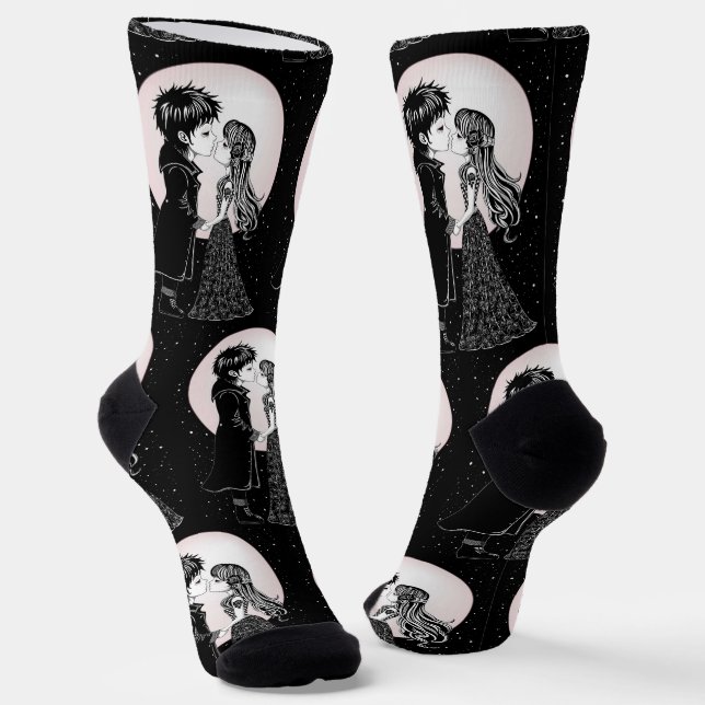 Cute Gothic Emo Kids Kiss Valentine's Day  Socks (Angled)