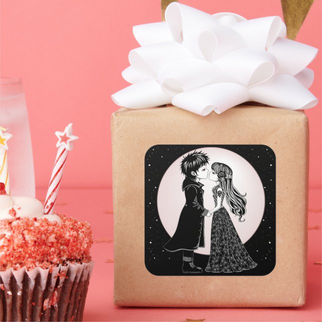 Cute Gothic Emo Kids Kiss Valentine's Day  Square Sticker (Party)