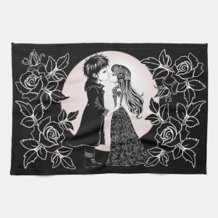 Cute Gothic Emo Kids Kiss Valentine's Day  Tea Towel