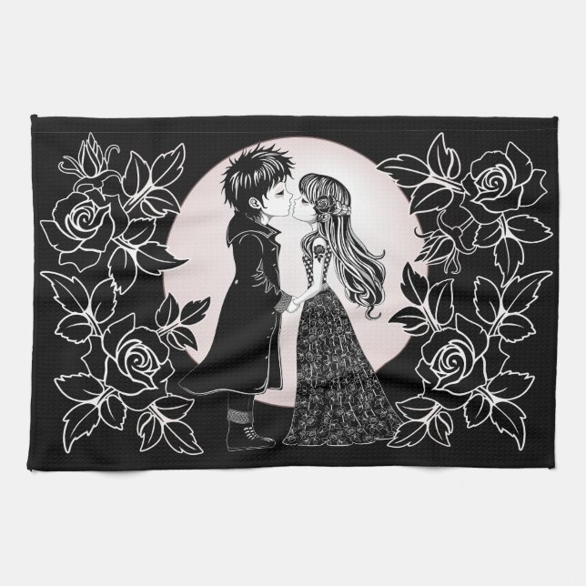Cute Gothic Emo Kids Kiss Valentine's Day  Tea Towel (Horizontal)