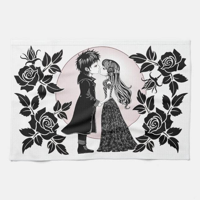Cute Gothic Emo Kids Kiss Valentine's Day  Tea Towel (Horizontal)