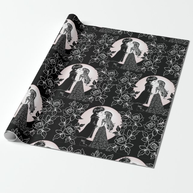 Cute Gothic Emo Kids Kiss Valentine's Day  Wrapping Paper (Unrolled)