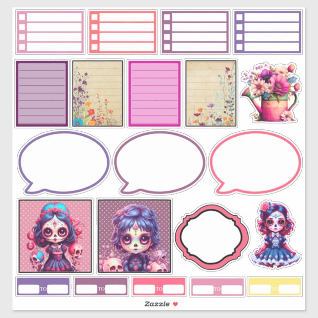 Cute Gothic Garden Sugar Skull  5 Planner Stickers (Sheet)