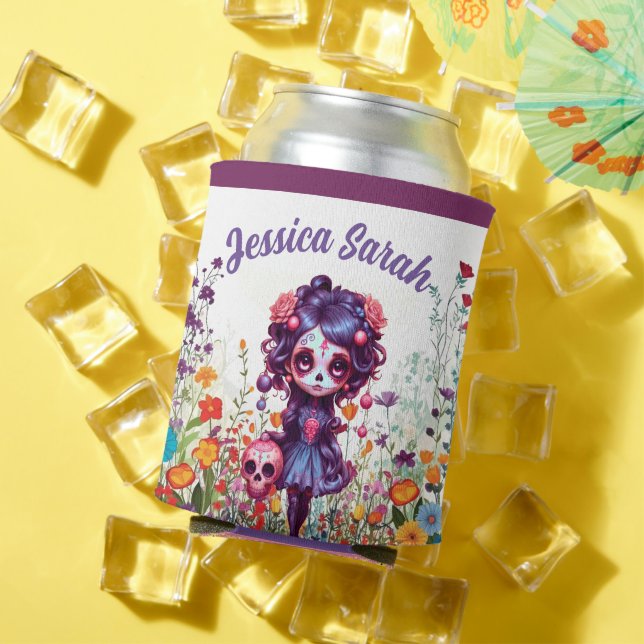 Cute Gothic Garden Sugar Skull  Can Cooler (In Situ Summer)