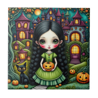 Cute Gothic Girl Pumpkin Halloween Village Ceramic Tile