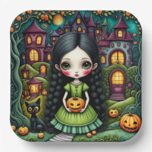 Cute Gothic Girl Pumpkin Halloween Village Paper Plate