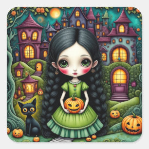 Cute Gothic Girl Pumpkin Halloween Village Square Sticker