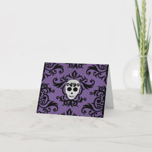 Cute gothic glam girly skull damask black purple thank you card