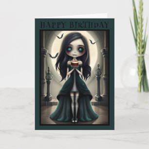Cute gothic, goth girl Halloween birthday card 