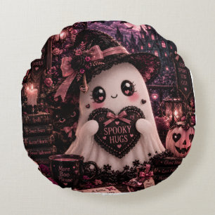 Cute Gothic Pink Ghost Halloween Spooky Hugs Dark Round Cushion