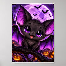 Cute Gothic Purple Bat Halloween Moon