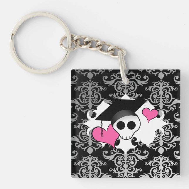 Cute Gothic romantic graduation skull damask Key Ring (Front)