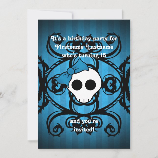 Cute gothic skull blue and black 5x7 birthday invitation (Front)