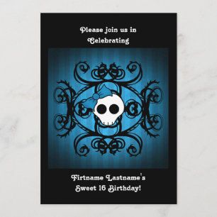 Cute gothic skull blue and black 5x7 sweet 16 invitation