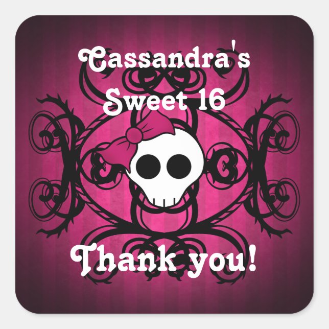 Cute gothic skull fuschia and black sweet 16 square sticker (Front)