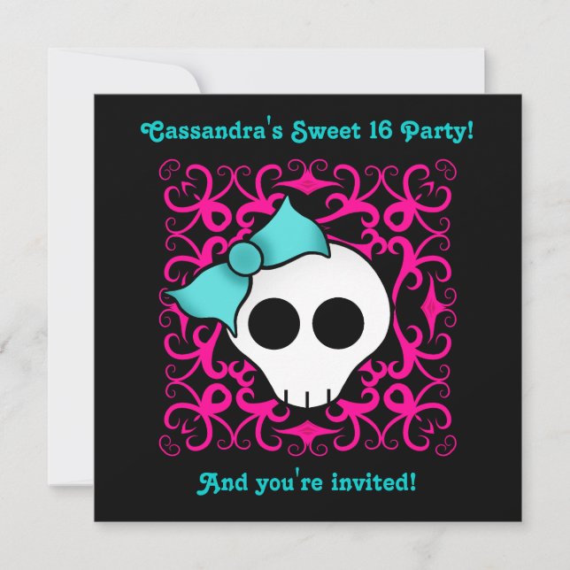 Cute gothic skull sweet 16 birthday party invitation (Front)