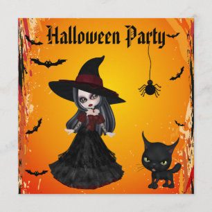 Cute Gothic Witch & Cat Halloween Party Invitation
