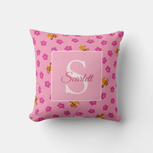 Cute Gouache Bee & Flowers Monogram Name Cushion