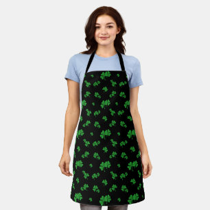 Cute Gradient Green Shamrock Pattern Black Apron