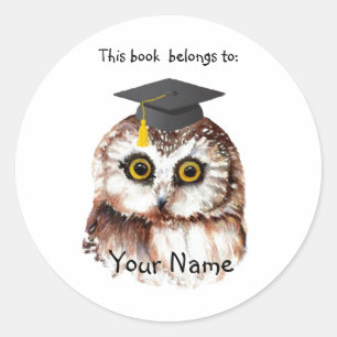 Cute Graduation Bird This book belongs Bookplate Classic Round Sticker