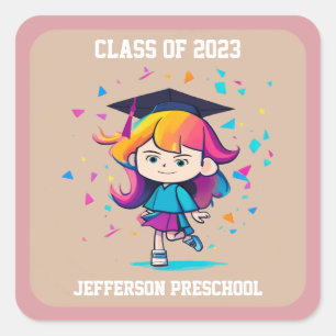 Cute Graduation Class 2025 Cartoon Girl Graduate Square Sticker