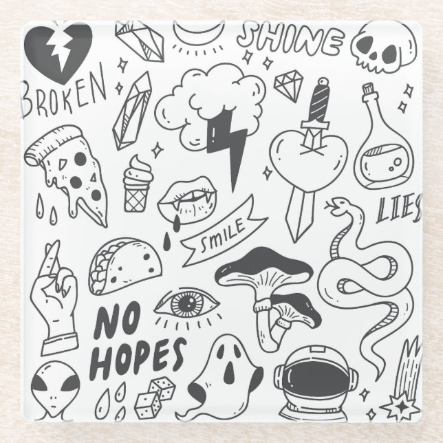 Cute Graffiti: Doodle Art Set. Glass Coaster (Front)