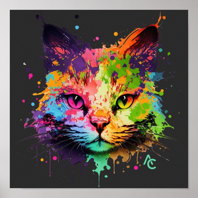 Cute Graffiti Neon Ink Splash Cat Poster (Front)