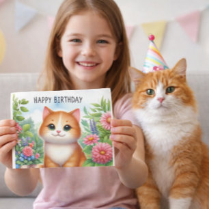 Cute Granddaughter Cat and Flowers Greeting Card
