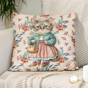 Cute Grandma Cat Pink Apron Glasses Cushion