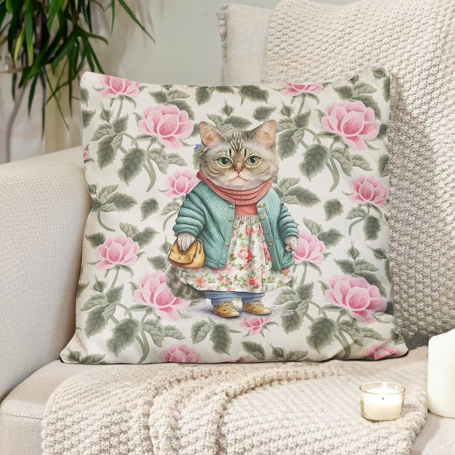 Cute Grandma Cat Pink Floral Apron Sweater Cushion (Cute little old lady cat vintage painting pillow with pretty pink flowers. )