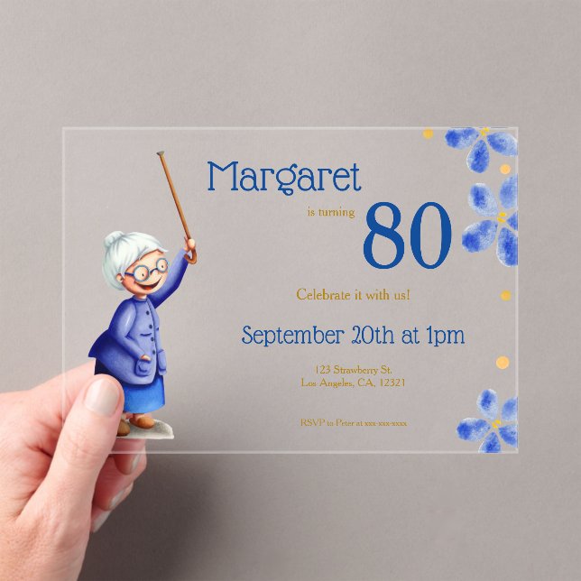 Cute Grandma Watercolor Floral 80th Birthday Acrylic Invitations (Insitu (Handheld))