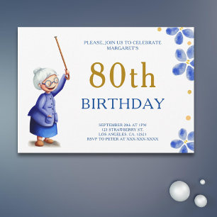 Cute Grandma Watercolor Floral 80th Birthday Invitation