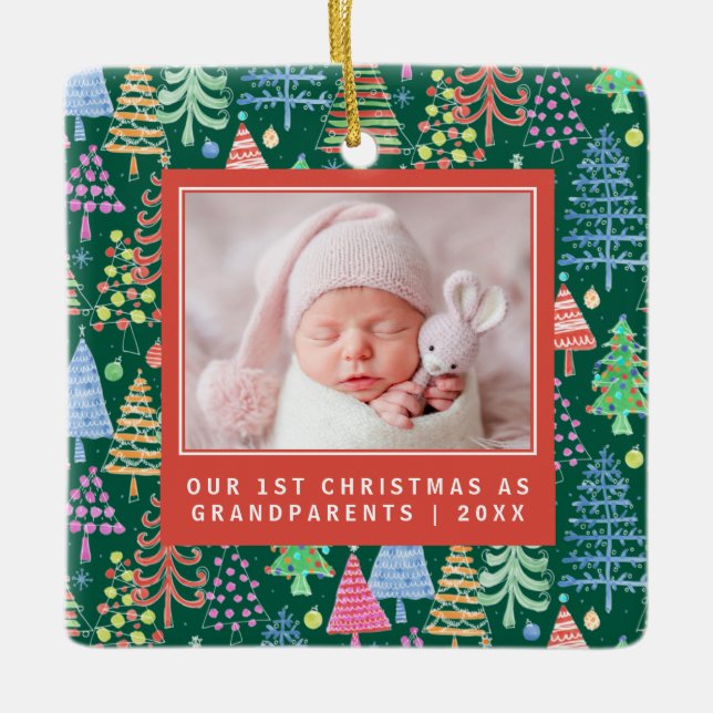 Cute Grandparents 1st Christmas Trees Photo Green Ceramic Ornament (Front)