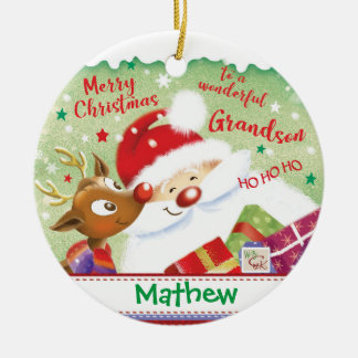 Cute Grandson, Santa, Deer & Presents, Christmas Ceramic Ornament
