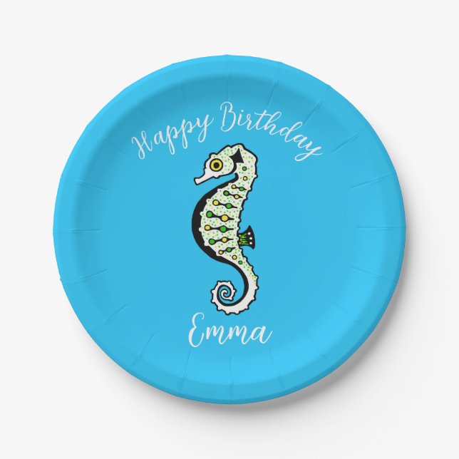 Cute graphic SEAHORSE  -Happy Birthday - Party Paper Plate (Front)