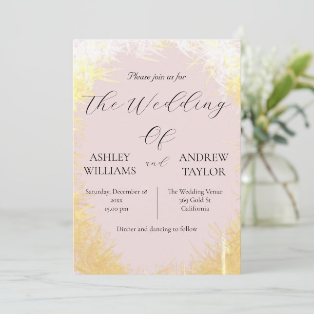 Cute Grass Yellow Elegant Pastel Pink Wedding Invitation (Standing Front)