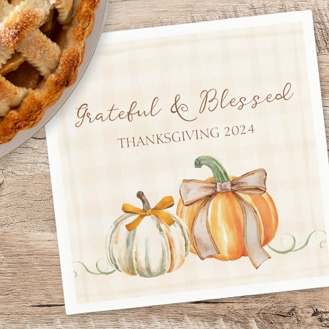 Cute Grateful & Blessed Pumpkin Bows Thanksgiving Napkin (Creator Uploaded)