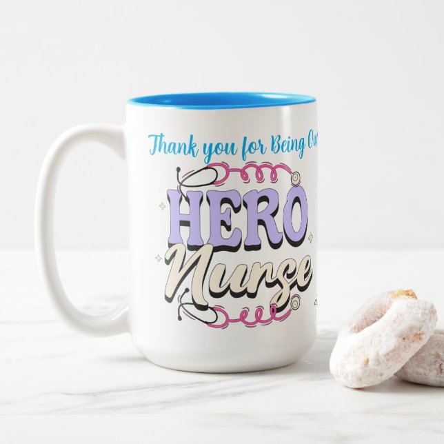 Cute Gratitude Nurse Blues Typography PERSONALIZE Two-Tone Coffee Mug (With Donut)