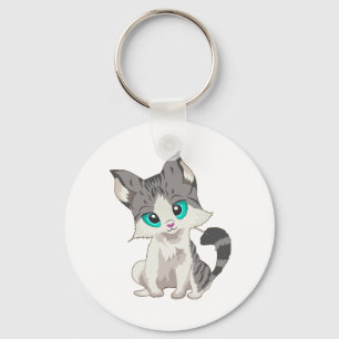 CUTE GRAY AND BEIGE LITTLE KITTEN WITH BLUE EYES KEY RING