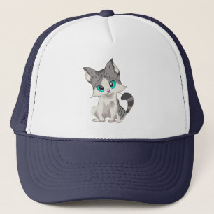 CUTE GRAY AND BEIGE LITTLE KITTEN WITH BLUE EYES TRUCKER HAT