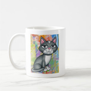 Cute Gray and White Cat with Drippy Paint Colors Coffee Mug