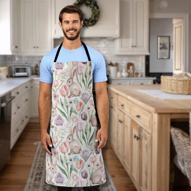 Cute Gray Bunny with Colorful Tulips Apron (Creator Uploaded)